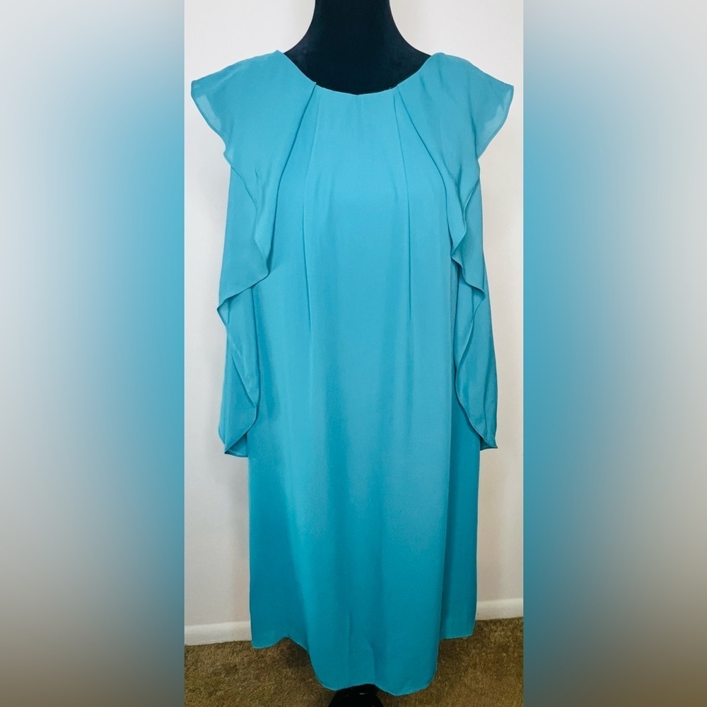 NWT Vince Camuto teal ruffled sleeveless zip up lightweight sheath flowy dress 6